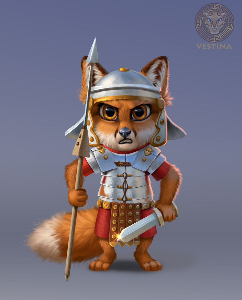 ancient ancient_rome angry anthro armor belt chibi clothing fluffy fluffy_tail fur headgear helmet inner_ear_fluff laminar_armor legionary legionnaire looking_at_viewer lorica_segmentata male melee_weapon military military_clothing military_uniform orange_body orange_eyes pilum polearm roman roman_empire shoulder_pads soldier solo spear spqr sword tail teeth tuft uniform warrior weapon vestina canid canine fox mammal hi_res