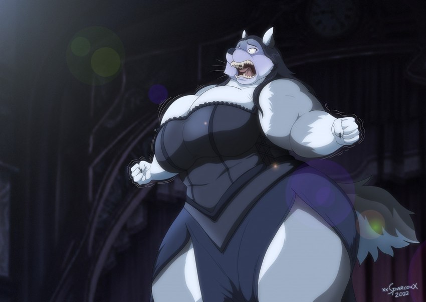 anthro big_breasts black_hair breasts clothing curvy_figure dress fangs female fur grey_body grey_fur hair huge_breasts hyper multicolored_body multicolored_fur obese open_mouth opera opera_singer overweight overweight_anthro overweight_female singing solo teeth text thick_thighs tongue two_tone_body two_tone_fur voluptuous wide_hips xxsparcoxx canid canine canis mammal wolf 2022 artist_name digital_media_(artwork)