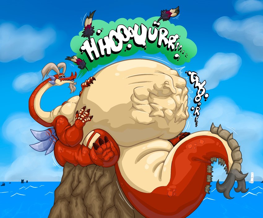 3_toes abdominal_bulge anthro belly big_belly burping claws facial_hair feathers feet horn long_neck male onomatopoeia open_mouth oral_vore overweight rumbling_stomach sea sky solo sound_effects tail text toes vore water wings awoogasm mythology nintendo the_legend_of_zelda wind_waker valoo dragon mythological_creature mythological_scalie scalie digital_media_(artwork) english_text hi_res