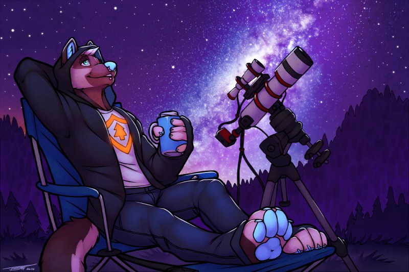 anthro astronomy beverage clothing facial_piercing feet hindpaw hoodie lip_piercing male night nose_piercing outside paws piercing solo star telescope topwear tsaiwolf kilowolff canid canine canis mammal wolf 2016 3:2 hi_res