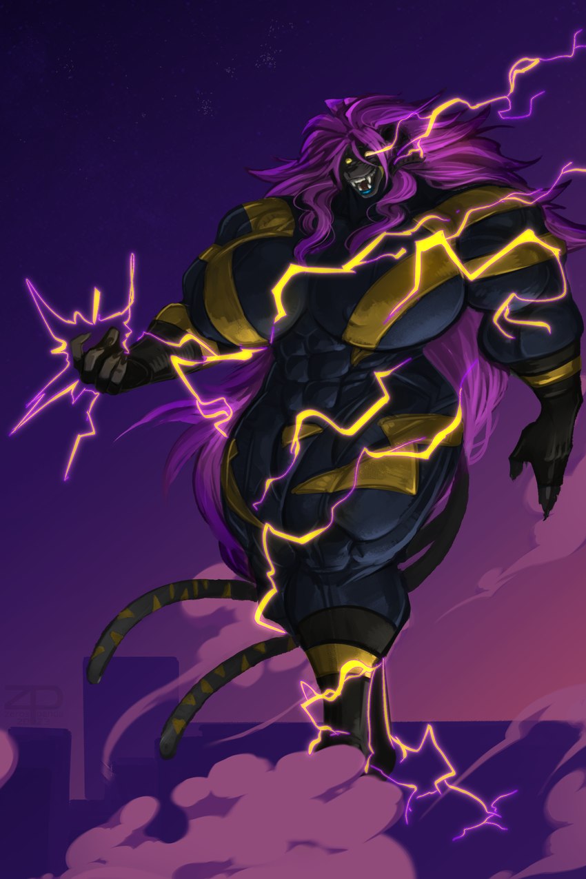 2_tails abs anthro big_breasts big_muscles black_body black_fur breasts bulge electricity electricity_manipulation elemental_manipulation evil_face evil_grin evil_look fur glowing glowing_eyes gold_stripes gynomorph hair huge_breasts huge_muscle huge_muscles hyper hyper_muscles intersex lightning long_hair multi_tail muscular muscular_anthro muscular_gynomorph muscular_intersex pink_hair sharp_teeth smile solo spandex_clothing spandex_suit supervillain supervillain_costume tail teeth zerospanda shina_(intresszero) felid feline mammal pantherine tiger 2:3 absurd_res hi_res