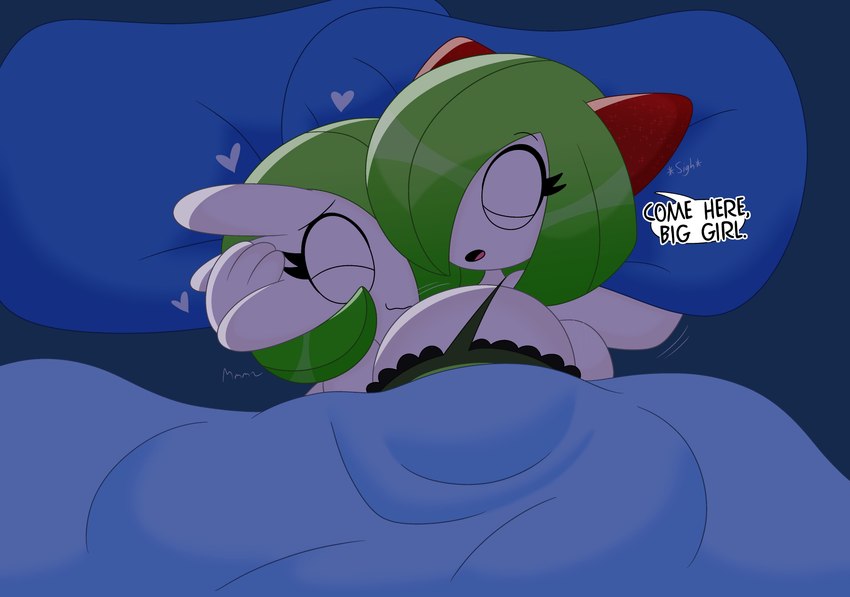 anthro bed bedding big_breasts blanket bra breasts cleavage clothed clothing cuddling curvy_figure dialogue duo eyelashes eyes_closed female furniture green_clothing green_hair green_underwear hair hair_over_eye hand_on_another's_head hand_on_head heart_symbol hearts_around_head huge_breasts lying motion_lines on_side open_mouth pillow short_hair speech_bubble text thick_thighs tongue topwear under_covers underwear voluptuous voluptuous_female voluptuous_humanoid white_body white_skin wide_hipped_female wide_hipped_humanoid wide_hips 3barts nintendo pokemon mary_(3barts) vanessa_(3barts) gardevoir generation_3_pokemon humanoid kirlia pokemon_(species) 2025 absurd_res english_text hi_res