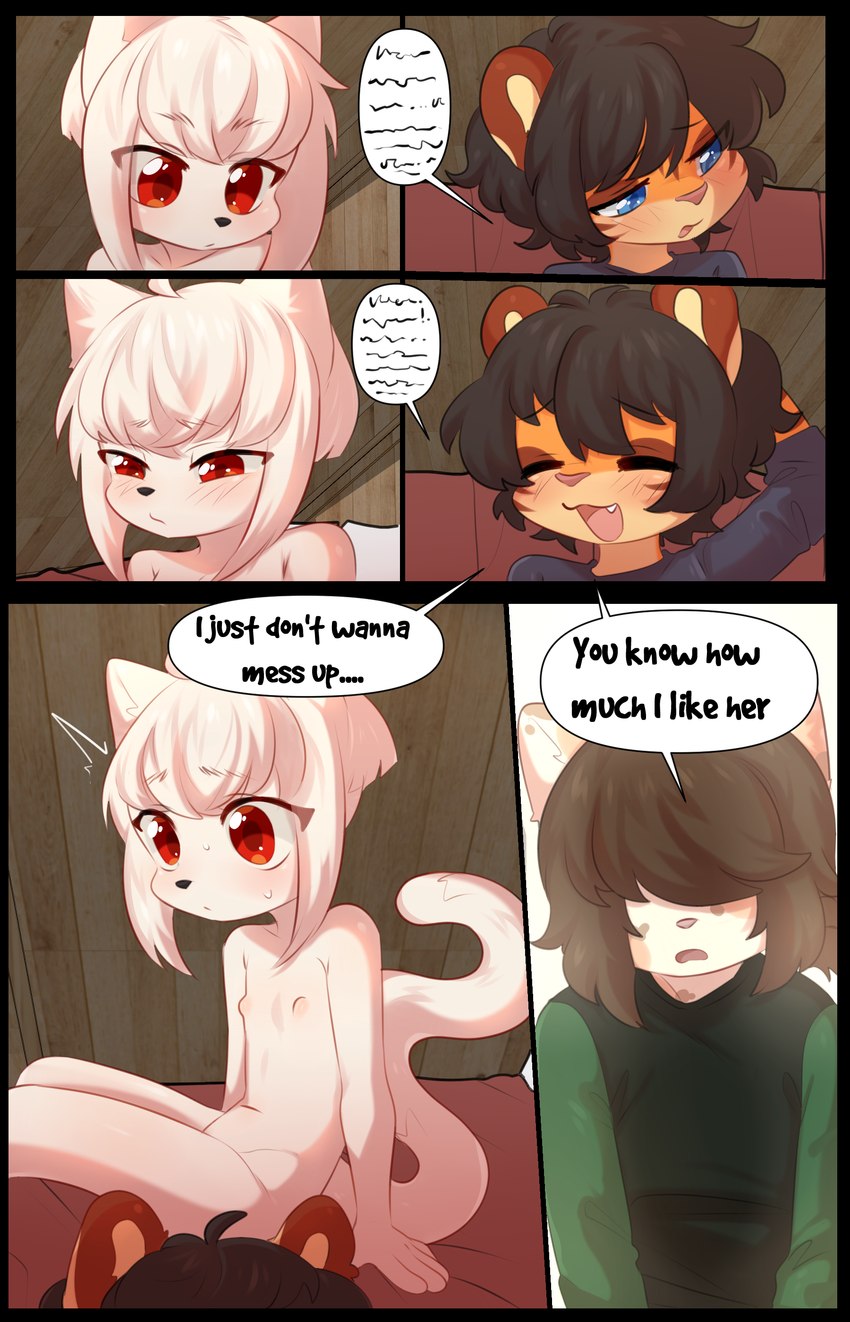 anthro blush clothed clothing dialogue duo female fur hair male nipples nude tail teeth text tongue young young_anthro young_female young_male aoizuri ghost_(claralaine) ken_(claralaine) domestic_cat felid feline felis ghost mammal spirit 2024 9:14 absurd_res comic english_text hi_res