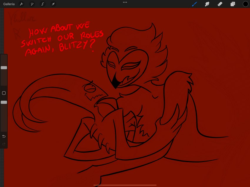 anthro beak bed boss dominant dominant_male duo fire furniture hell male male/male not_furry spade_tail submissive submissive_male tail vhallur hazbin_hotel helluva_boss blitzo_(helluva_boss) stolas_(helluva_boss) humanoid hi_res line_art sketch