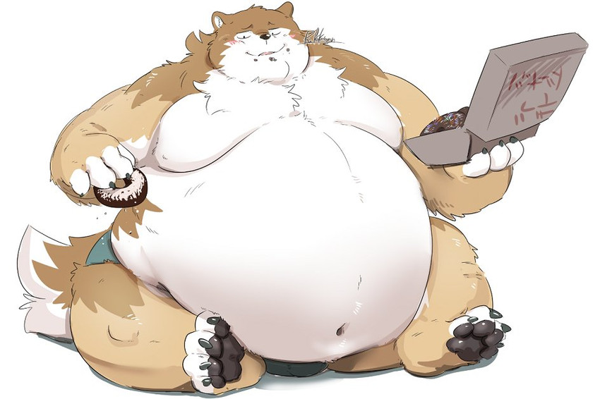 anthro belly big_belly blush box chubby_cheeks claws clothed clothing container dessert double_chin doughnut embarrassed food fur holding_food holding_object male moobs morbidly_obese morbidly_obese_anthro morbidly_obese_male navel obese obese_anthro obese_male overweight overweight_anthro overweight_male pastry sitting smile solo tan_body tan_fur thick_thighs toe_claws topless white_body white_fur pukkunnnn canid canine canis mammal