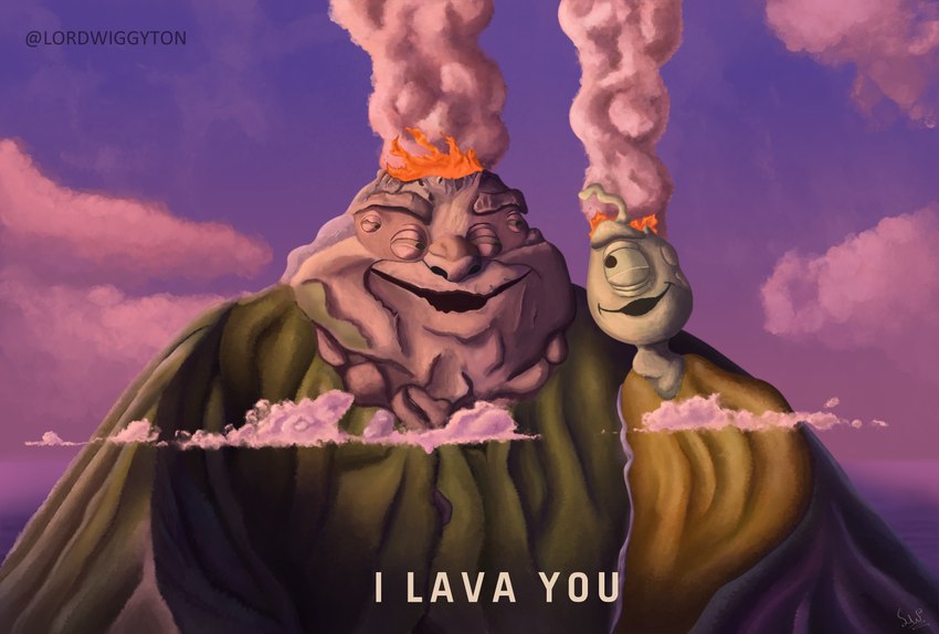 1_eye 4_eyes alternate_species antennae_(anatomy) cloud duo eye_contact eyebrows fire humor looking_at_another male male/male multi_eye narrowed_eyes open_mouth open_smile pun smile smoke text lordwiggyton disney lava_(pixar) lilo_and_stitch pixar jumba_jookiba wendy_pleakley alien kweltikwan living_volcano plorgonarian 2024 absurd_res artist_name crossover english_text hi_res watermark