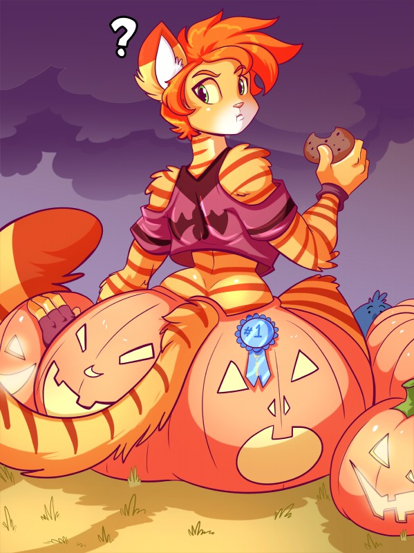 anthro big_breasts big_butt breasts butt clothed clothing duo female food fruit fur green_eyes hair holding_food holding_object holidays huge_butt hyper jack-o'-lantern looking_back orange_hair plant pumpkin pumpkin_butt question_mark short_hair solo_focus stripes jaeh halloween loree avian bird domestic_cat felid feline felis mammal 2017 absurd_res hi_res