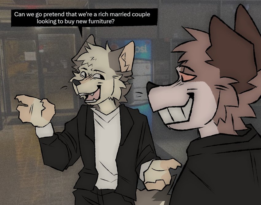 anthro asking_another black_clothing blush brown_body brown_fur clothing duo fur looking_at_another male open_mouth photo_background speech_bubble tail talking_to_another text toothy_grin white_clothing maggotnizer canid canine canis domestic_dog mammal english_text hi_res photography_(artwork)