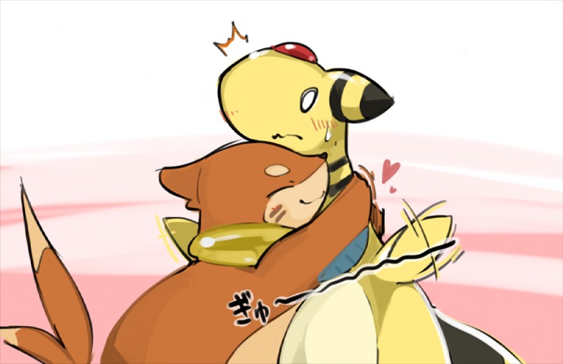 ambiguous_gender blush duo feral heart_symbol hug love pink_background simple_background smile surprise text white_background yatosuke nintendo pokemon pokemon_mystery_dungeon spike_chunsoft dashing_wanderer_ampharos marine_explorer_buizel ampharos buizel generation_2_pokemon generation_4_pokemon pokemon_(species) japanese_text