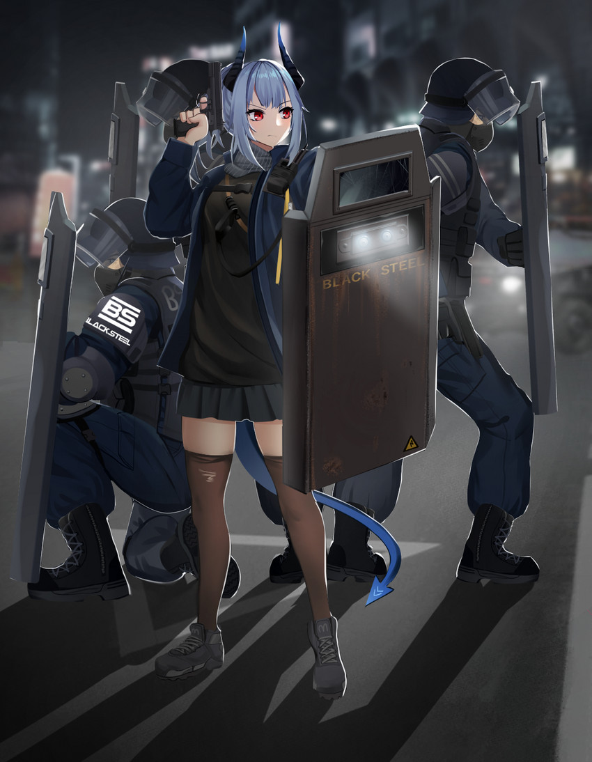 armor ballistic_shield blue_hair blurred_background body_armor bottomwear clothed clothing crouching female footwear fully_clothed group gun hair headgear helmet holding_gun holding_object holding_ranged_weapon holding_weapon horn legwear male night not_furry outside police police_uniform ranged_weapon red_eyes riot_shield scarf shield shoes skirt spade_tail standing stockings tail uniform weapon kemo_neko arknights hypergryph studio_montagne liskarm_(arknights) horned_humanoid human humanoid mammal 2020 digital_media_(artwork) hi_res shaded