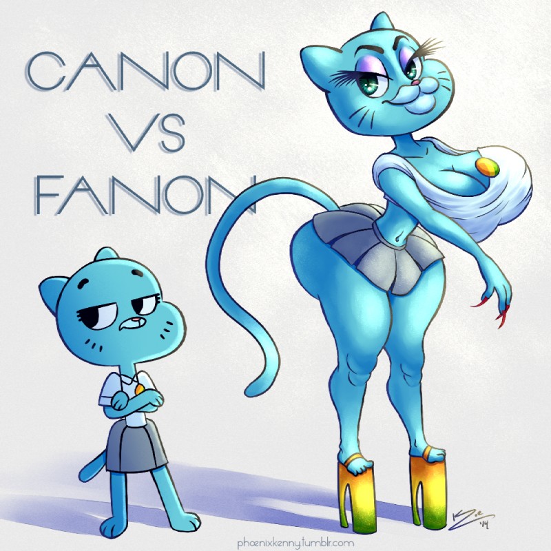 anthro big_breasts blue_body blue_fur bottomwear breasts butt cleavage clothed clothing compare duo female fur mature_anthro mature_female skirt phoenixkenny cartoon_network the_amazing_world_of_gumball nicole_watterson domestic_cat felid feline felis mammal 1:1 mother_(lore) parent_(lore)