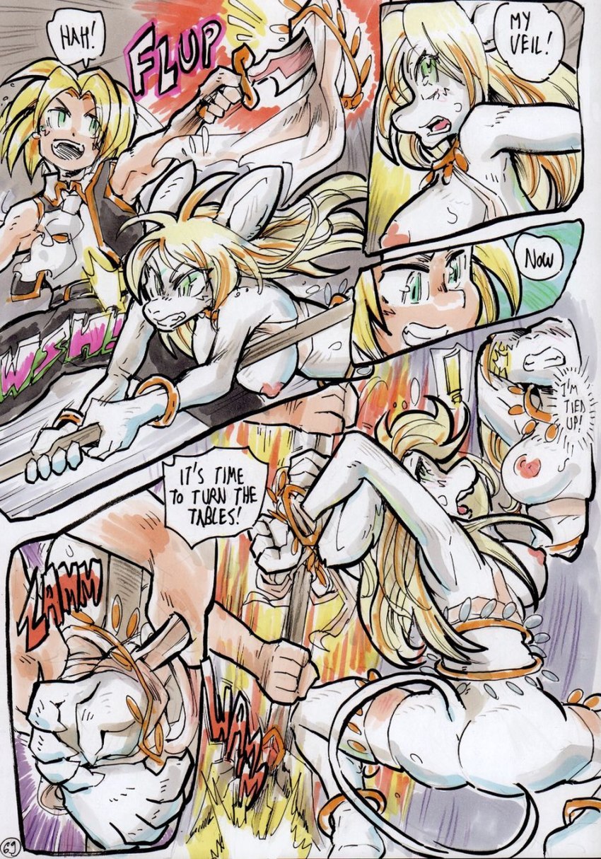 anthro arms_tied blonde_hair blue_eyes bound breasts butt dagger dialogue duo female fight fur green_eyes hair male melee_weapon polearm spear text veil weapon white_body white_fur daigaijin final_fantasy final_fantasy_ix square_enix freya_crescent zidane_tribal burmecian human mammal murid rodent comic english_text hi_res