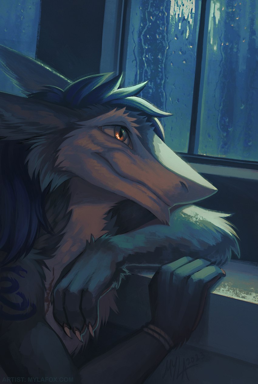 anthro arm_tuft blue_body blue_fur blue_hair blue_markings elbow_tuft fur glistening glistening_eyes hair male markings mouth_closed orange_eyes short_hair side_view solo tuft white_body white_fur mylafox sergal 2023 hi_res