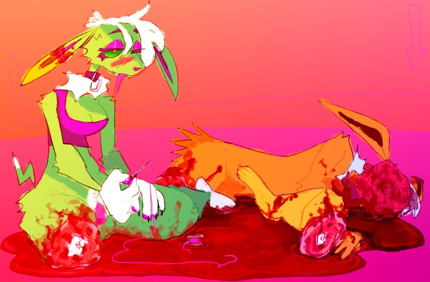 anthro blood_pool corpse death duo female gore male torn_arm torn_face torn_leg guncht nintendo pokemon dijon_(guncht) eeveelution generation_1_pokemon jolteon pokemon_(species) shiny_pokemon trans_(lore) trans_man_(lore)