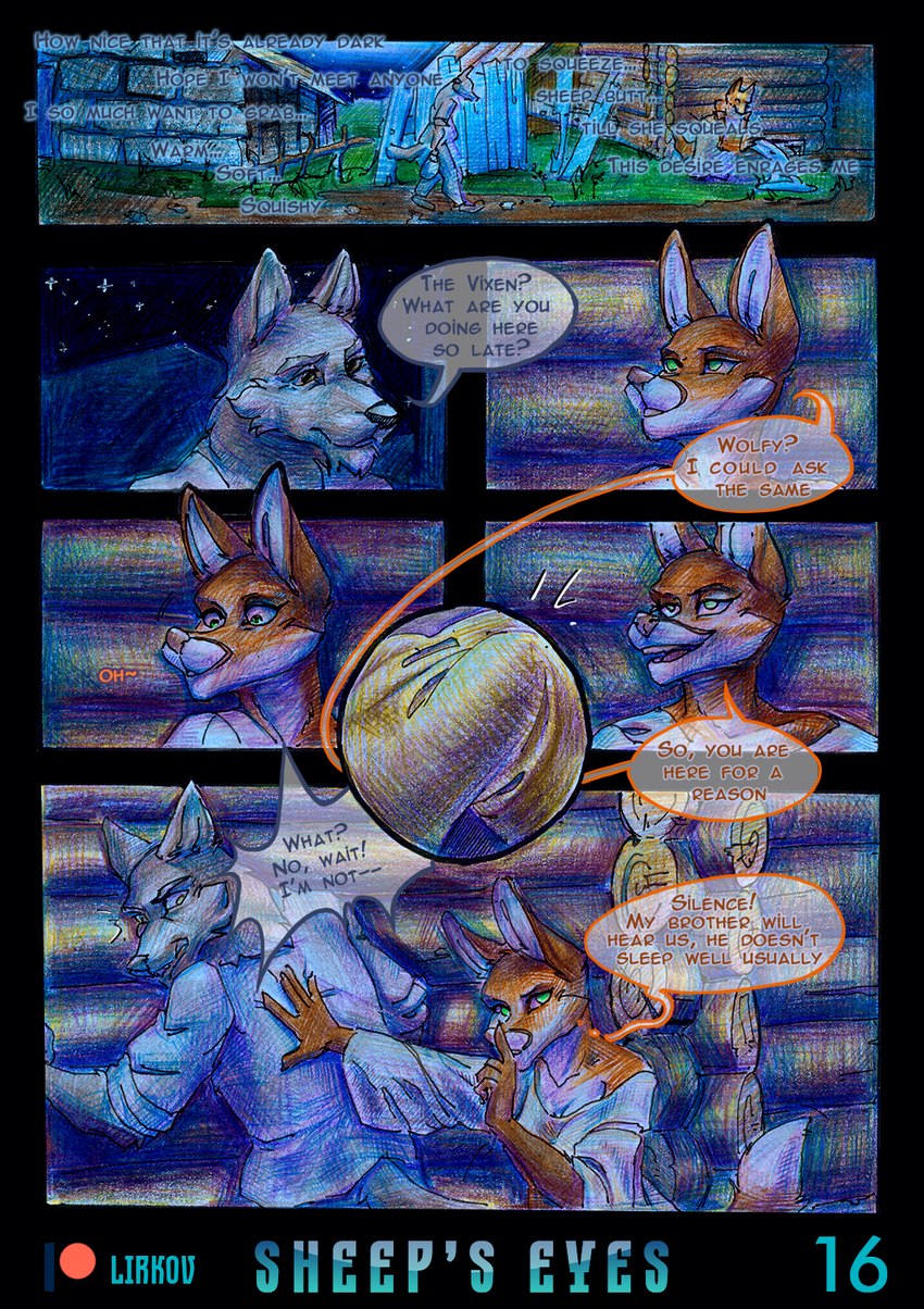 anthro blush building bulge clothed clothing dialogue duo erection female fur house male male/female night open_mouth outside sky text lirkov canid canine canis fox mammal red_fox true_fox wolf 2022 comic english_text graphite_(artwork) hi_res traditional_media_(artwork)