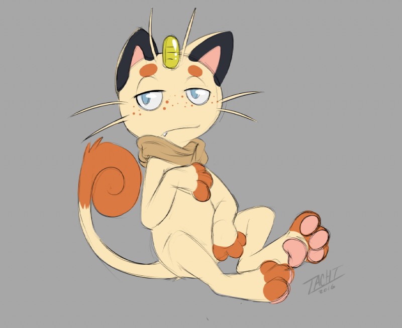 anthro biped cute_fangs fangs freckles grey_background looking_at_viewer male mostly_nude scarf simple_background sitting solo spread_legs spreading teeth unimpressed whiskers benji_(artist) nintendo pokemon tachi_(kaptcha) felid generation_1_pokemon mammal meowth pokemon_(species) flat_colors signature sketch