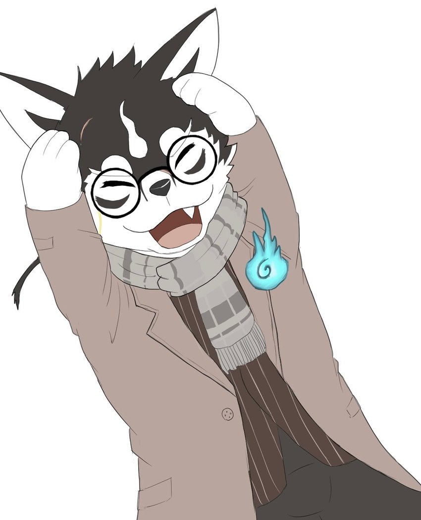 anthro chibi clothing coat cute_fangs eyes_closed eyewear fangs fur glasses humor male multicolored_body multicolored_fur scarf solo teeth topwear nikukyu299paw lifewonders tokyo_afterschool_summoners masanori_(tas) canid canine canis domestic_dog mammal hi_res