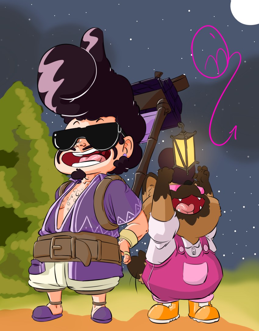 anthro big_hair boots clothing cosplay duo eyewear female feral footwear glistening glistening_tongue hair lamp lantern light_body light_skin male overalls pink_outfit purple_clothing shoes simple_background smile sunglasses tongue ojisan_mopy crocs dr._slump genshin_impact mihoyo canid canine canis domestic_dog herding_dog human humanoid malinois_dog mammal pastoral_dog sheepdog hi_res shaded