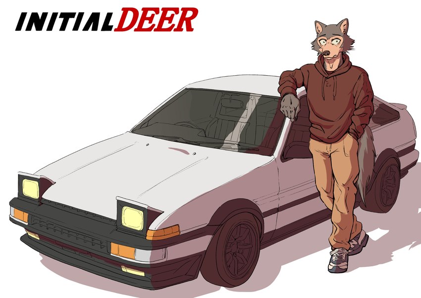 anthro bottomwear car clothed clothing footwear hand_in_pocket hoodie looking_at_viewer male pants pockets resting_arm shoes simple_background solo standing text topwear toyota_trueno vehicle white_background ffog beastars initial_d toyota toyota_ae86 legoshi_(beastars) canid canine canis mammal wolf 2021 absurd_res crossover english_text hi_res