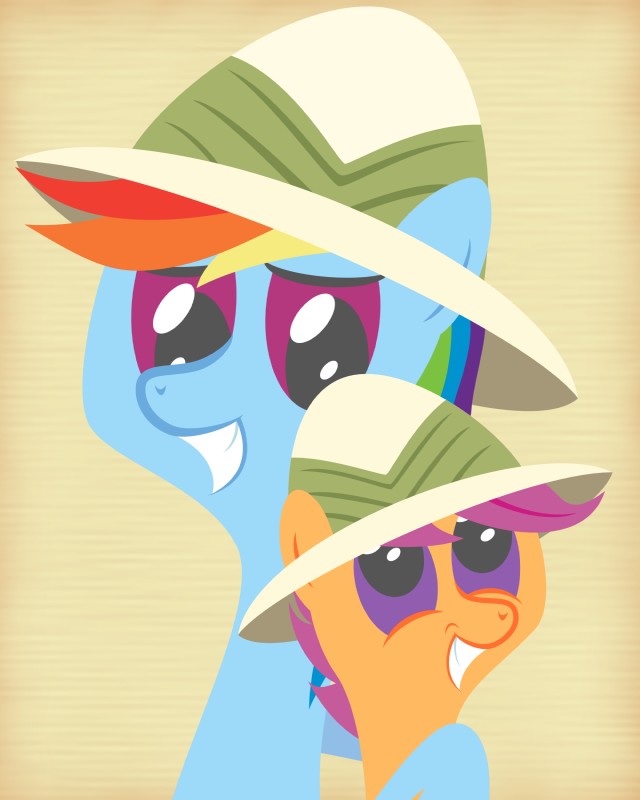 blue_body blue_fur clothing duo female fur hair hat headgear headwear multicolored_hair purple_eyes rainbow_hair simple_background smile young daringdashie friendship_is_magic hasbro my_little_pony rainbow_dash_(mlp) scootaloo_(mlp) equid equine horse mammal pony 2013 4:5 absurd_res hi_res