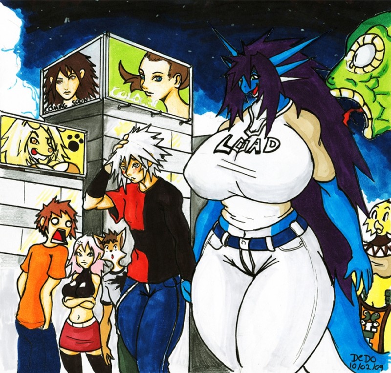 anthro big_breasts billboard biped blue_body breasts city female group horn huge_breasts male small_head tail thick_tail dedoarts mythology amelia_cresci canid canine dragon fox human mammal mythological_creature mythological_scalie scalie 2009 dated traditional_media_(artwork)