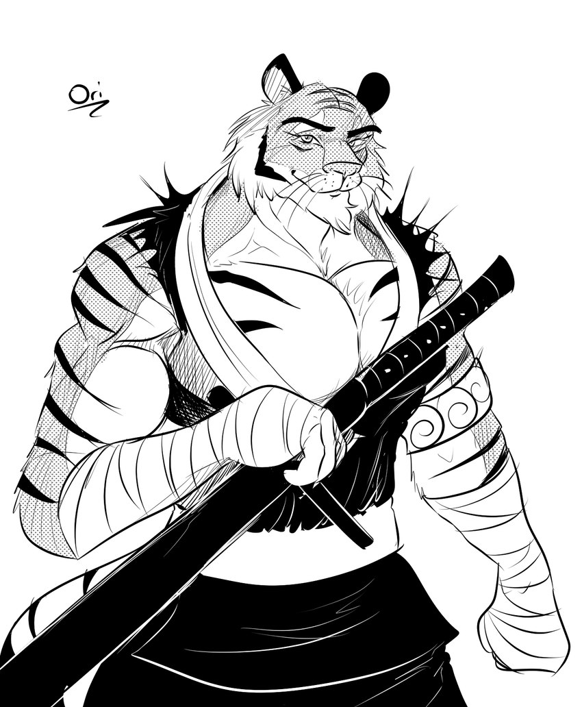 anthro bandage clothing male martial_arts_uniform melee_weapon muscular pecs robe solo sportswear sword swordsman weapon sea_pupper felid feline mammal pantherine tiger black ori_(disambiguation) black_and_white hi_res monochrome sketch