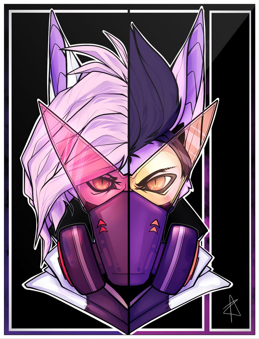 angry anthro clothed clothing duo eyewear female gas_mask hair hood hoodie long_hair looking_at_viewer male mask short_hair simple_background topwear yellow_eyes zykido lapfox_trax kitcaliber canid canine mammal bust_portrait hi_res portrait signature