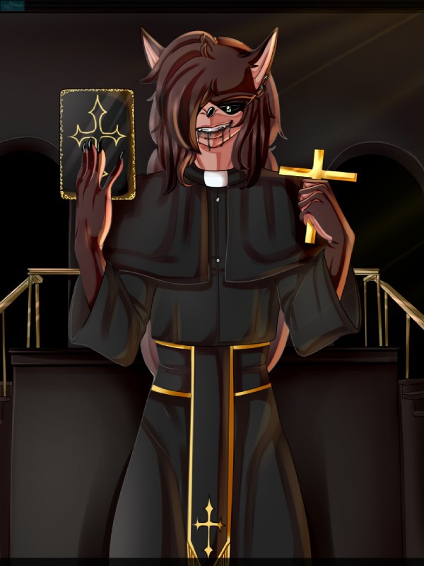 black_blood black_sclera blood bodily_fluids book brown_body brown_fur brown_hair christian_symbol christianity claws clothing colored_blood cross drooling ear_piercing fangs fur green_eyes grin hair holding_book holding_cross holding_object long_hair looking_at_viewer male piercing pointed_cross priest religion robe saliva satanic smile smirk solo teeth unusual_blood unusual_bodily_fluids villainous biowolfmlya bible demon eulipotyphlan hedgehog mammal 3:4 hi_res