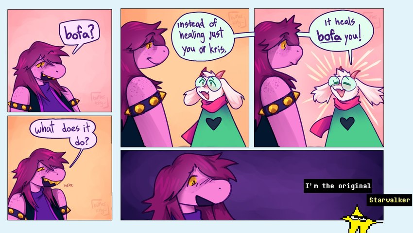 anthro bofa clothing dialogue duo eyewear female freckles fur glasses horn humor male pink_body robe text white_body white_fur butlerkitty deltarune undertale_(series) ralsei susie_(deltarune) the_original_starwalker bovid caprine goat mammal comic english_text hi_res