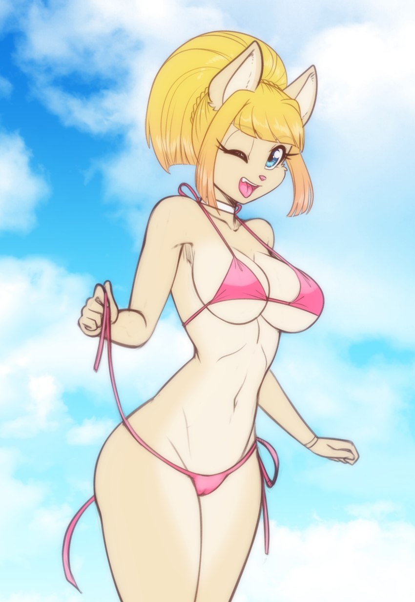 anthro bikini blonde_hair blue_eyes breasts camel_toe clothing collarbone eyebrow_through_hair eyebrows eyelashes female fur hair neckband neckwear one_eye_closed open_mouth outside pink_bikini pink_clothing pink_nose pink_swimwear side-tie_bikini solo string_bikini swimwear tan_body tan_fur tongue tongue_out translucent translucent_hair two-piece_swimsuit undressing wink scorpdk domestic_cat felid feline felis mammal 2024 absurd_res hi_res