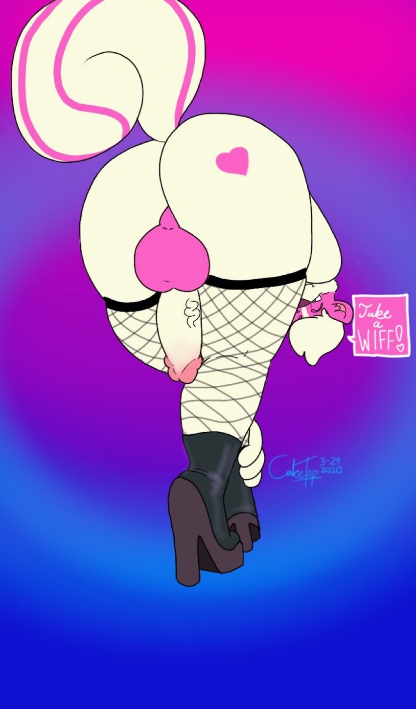 anthro balls bent_over big_balls big_butt boots butt clothing femboy fishnet_clothing fishnet_leggings fishnet_legwear footwear fur genitals hair high_heels humanoid_genitalia humanoid_penis leggings legwear looking_at_viewer male penis shoes simple_background smile solo text white_body cake_top nargle nargle_(nargleflex) mammal mephitid skunk digital_media_(artwork) english_text hi_res