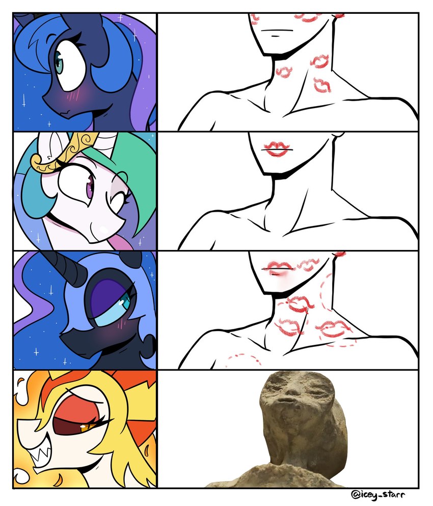 bite_mark blush female feral group horn implied_oral kiss_mark kiss_on_lips one_eye_closed wings wink icey_(artist) friendship_is_magic hasbro mexico_alien_(meme) my_little_pony mythology daybreaker_(mlp) nightmare_moon_(mlp) princess_celestia_(mlp) princess_luna_(mlp) equid equine horse human mammal mythological_creature mythological_equine pony winged_unicorn absurd_res hi_res meme