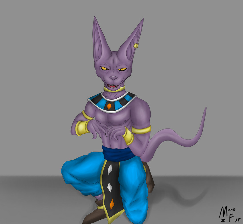 anthro armband biped bottomwear bracelet clothed clothing ear_piercing hairless jewelry kneeling looking_at_viewer male muscular muscular_anthro muscular_male nipples piercing purple_body simple_background smile solo topless mono-fur dragon_ball dragon_ball_super beerus deity domestic_cat felid feline felis hairless_cat mammal sphynx_(cat) 2020 digital_media_(artwork) hi_res