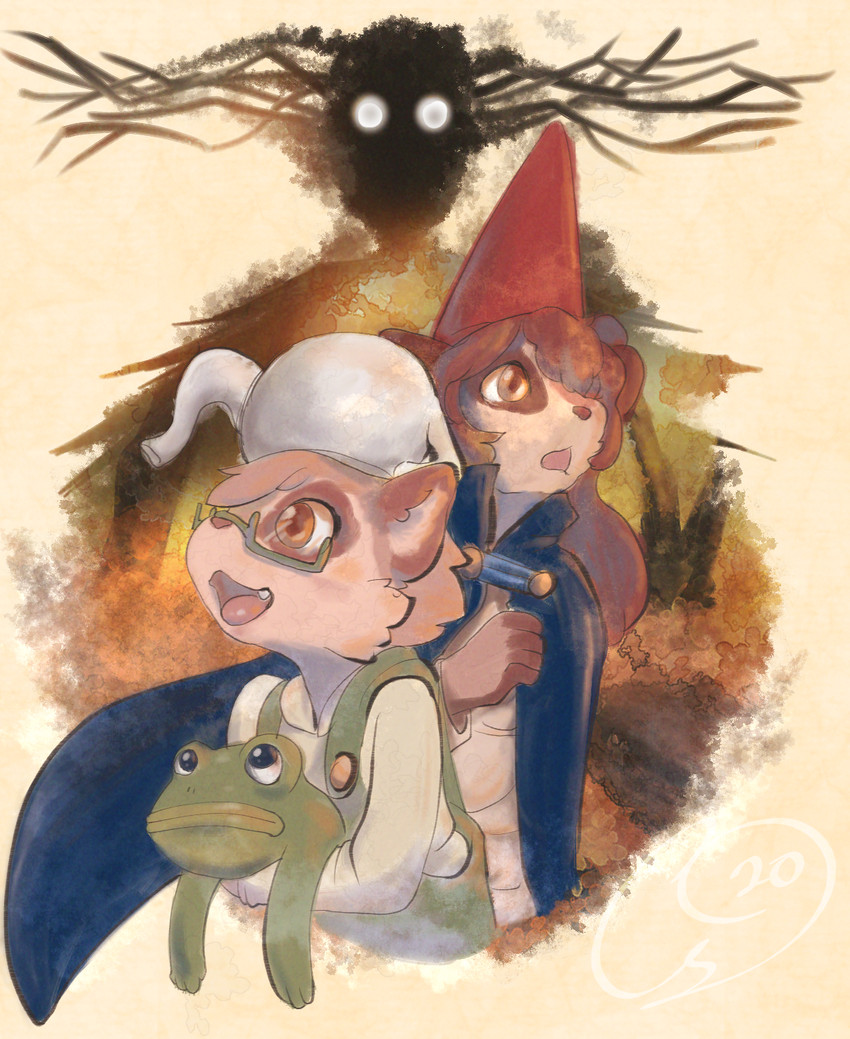 ambiguous_gender anthro autumn cloak clothed clothing costume eyewear forest glasses group hat headgear headwear holidays kettle markings plant simple_background tree yellow_background cainethelongshot halloween over_the_garden_wall haru_(cainethelongshot) madeline_(cainethelongshot) the_beast_(over_the_garden_wall) amphibian frog mammal procyonid raccoon 2020 digital_media_(artwork) digital_painting_(artwork) hi_res signature sibling_(lore)