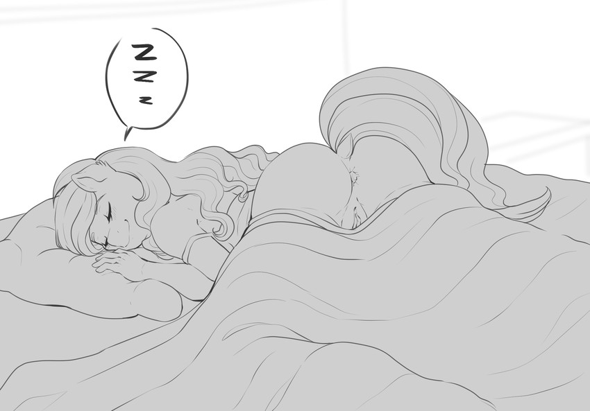 anthro anus bed bottomless casual_exposure clothed clothing female furniture genitals hair long_hair lying on_front pussy sleeping smile solo sound_effects topwear vowelless vowelless_sound_effect zzz evomanaphy hasbro my_little_pony fan_character shadow_blue_(cloppermania) equid equine horse mammal pony 2020 hi_res monochrome