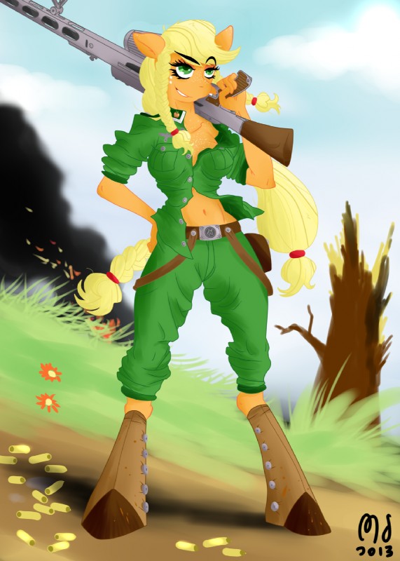 anthro anthrofied belt blonde_hair breasts bullet clothing female freckles fur green_eyes gun hair heavy_weapon holding_gun holding_object holding_ranged_weapon holding_weapon maschinengewehr_42 mg_42 navel nazi orange_body orange_fur outside plant ponytail ranged_weapon smile solo spent_casing tail tree uniform weapon unknown_artist friendship_is_magic hasbro my_little_pony wehrmacht applejack_(mlp) earth_pony equid equine horse mammal pony 2013 full-length_portrait hi_res portrait