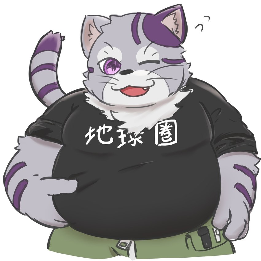 anthro belly bottomwear clothing fur male one_eye_closed overweight pinching_belly purple_body purple_eyes purple_fur shirt shorts smile solo striped_body striped_fur stripes t-shirt text topwear wink zipper kuroha_raido lifewonders live_a_hero bygul domestic_cat felid feline felis mammal 1:1 hi_res japanese_text