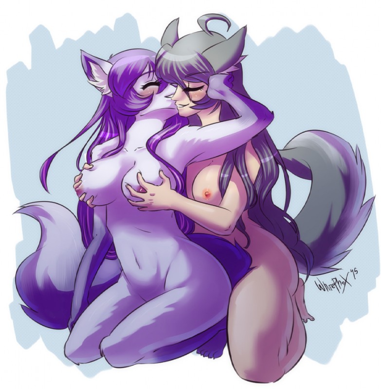 anthro blush breast_grab breasts duo eyes_closed female female/female fur grey_hair hair hand_on_breast humanoid_on_anthro kneeling long_hair multicolored_hair nipples purple_body purple_fur purple_hair simple_background smile white_body white_fur wide_hips kami-chan whitephox ayumi_(whitephox) animal_humanoid canid canid_humanoid canine canine_humanoid canis fox fox_humanoid humanoid mammal mammal_humanoid wolf kami_(disambiguation) 2015