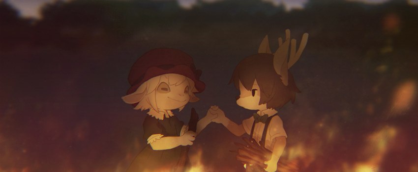 anthro campfire duo evening female fire male male/female outside young young_anthro young_female young_male nishiko24 shika_(nishiko24) yagi_(nishiko24) bovid caprine cervine deer goat mammal sika_deer