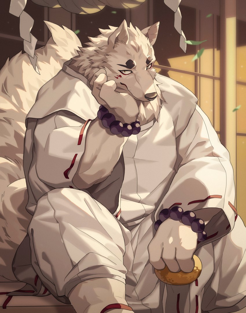 anthro bottomwear bracket clothing fingers fur hand_on_head male outside overweight overweight_anthro overweight_male profanity sitting solo text topwear white_body white_bottomwear white_clothing white_fur white_topwear yed gingitsune gintaro canid canine fox mammal 2023 absurd_res english_text hi_res