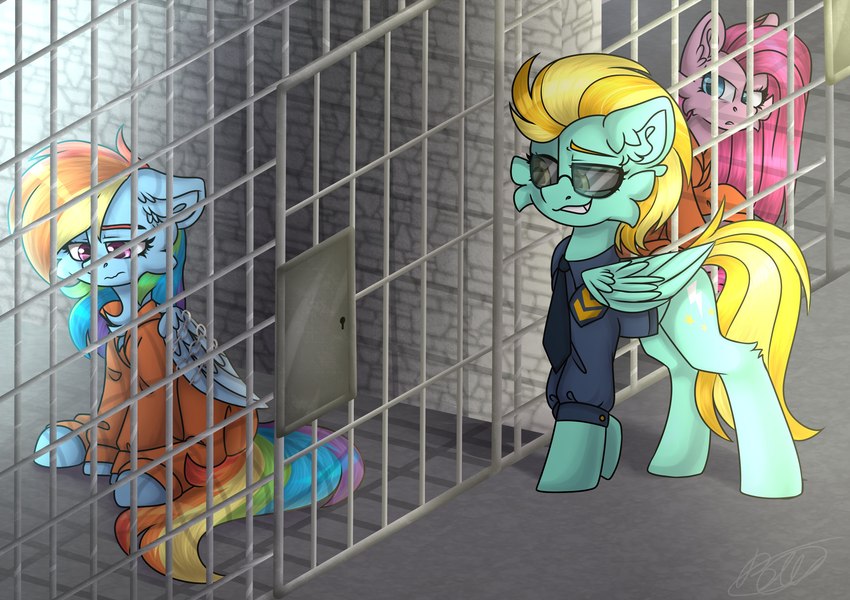 blue_wings clothing duo female feral orange_jumpsuit police police_uniform prison prison_uniform prisoner teal_wings uniform wings fufuvhrumov friendship_is_magic hasbro my_little_pony mythology lightning_dust_(mlp) pinkamena_(mlp) pinkamena_diane_pie pinkie_pie_(mlp) rainbow_dash_(mlp) equid equine horse mammal mythological_creature mythological_equine pegasus pony hi_res