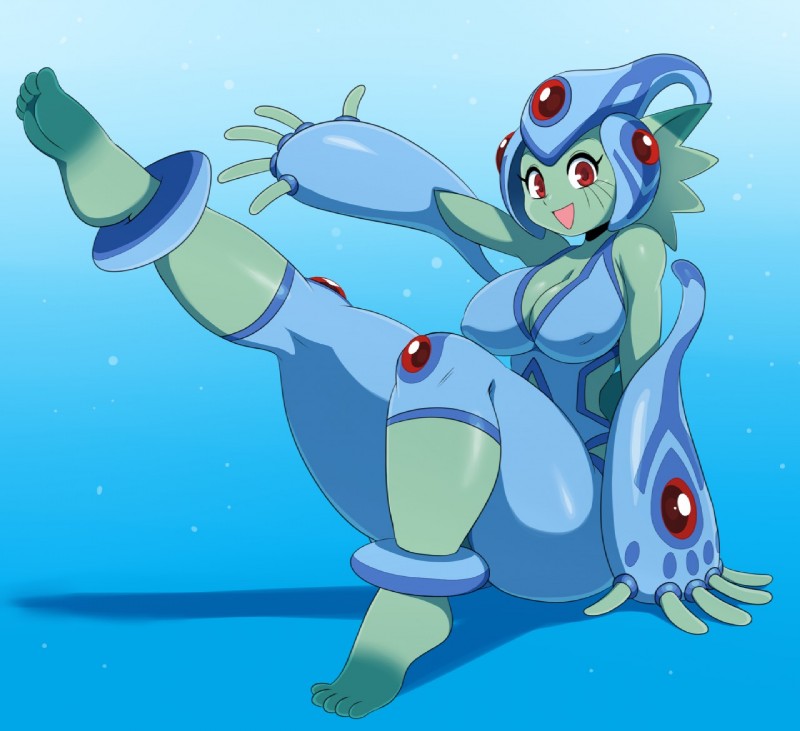 :d barefoot big_breasts breasts cleavage clothed clothing eyelashes feet female gradient_background green_body green_skin happy not_furry one_leg_up open_mouth raised_leg red_eyes simple_background sitting smile solo thick_thighs water sssonic2 bandai_namco digimon digimon_frontier digimon_(species) humanoid ranamon