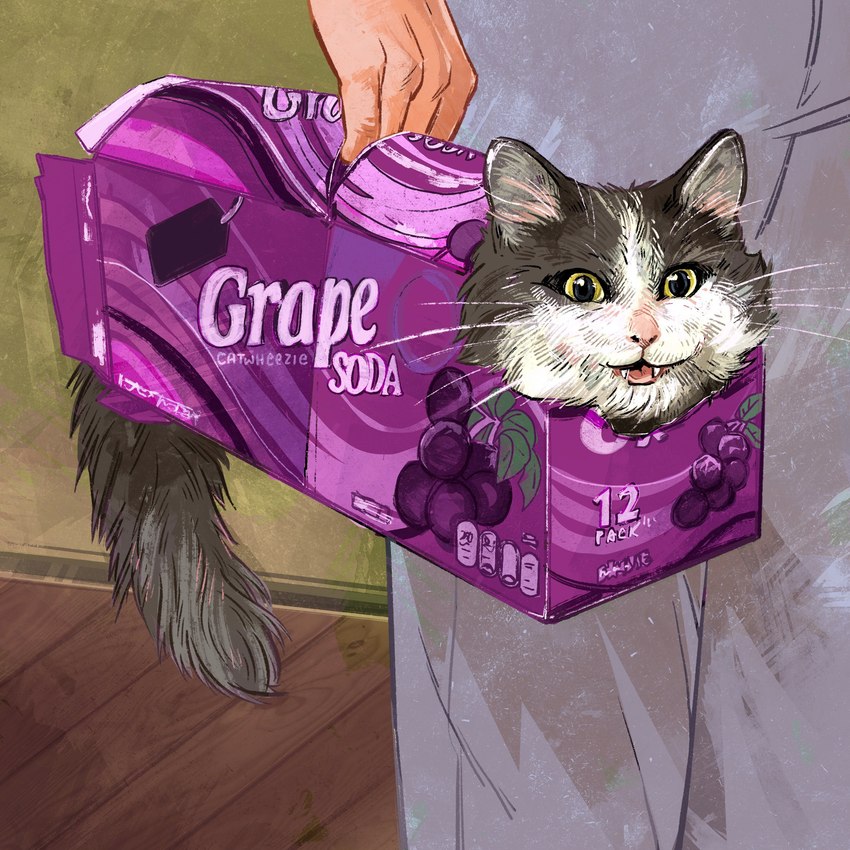 ambiguous_gender bottomwear box carrying_another clothed clothing container duo feral feral_focus fur holding_object in_box in_container inside pants smile solo_focus standing text tuft whiskers catwheezie domestic_cat felid feline felis human mammal 1:1 absurd_res english_text hi_res signature