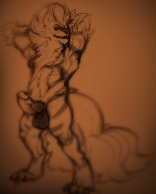 animal_genitalia animal_penis anthro anthrofied balls canine_genitalia canine_penis erection genitals hands_behind_head humanoid_genitalia humanoid_penis hybrid_genitalia hybrid_penis knot knotted_humanoid_penis knotted_penis male muscular muscular_anthro muscular_male nude penis pokemorph solo eyrich dowski nintendo pokemon arcanine canid canine generation_1_pokemon mammal pokemon_(species) hi_res monochrome