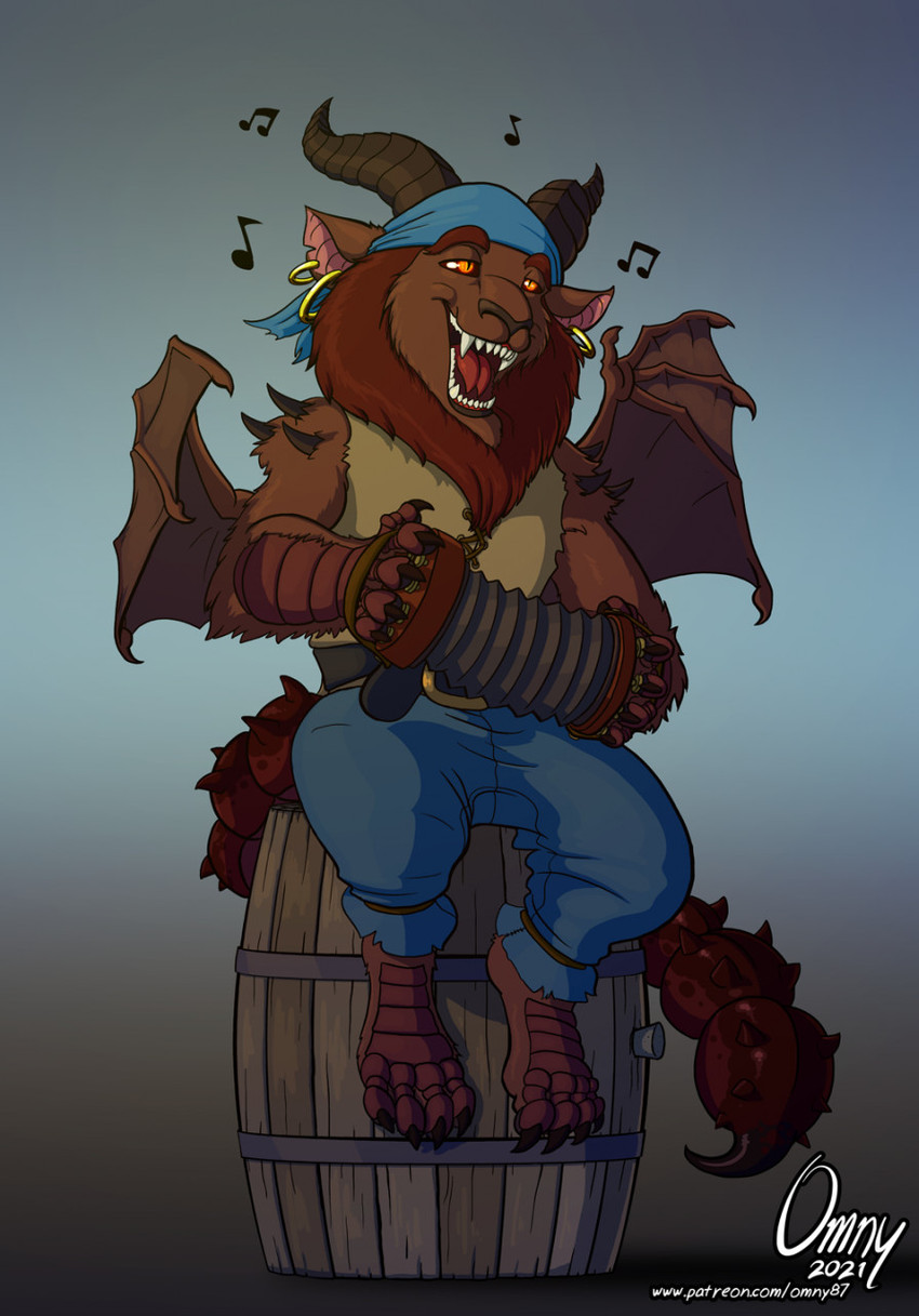 accessory accordion anthro bard barrel clothing concertina ear_piercing fangs headband horn humor kerchief male membrane_(anatomy) membranous_wings music musical_instrument piercing pirate pun pupils red_eyes sailor sea_shanty sitting slit_pupils song teeth wings omny87 iranian_mythology middle_eastern_mythology mythology felid mammal manticore hi_res