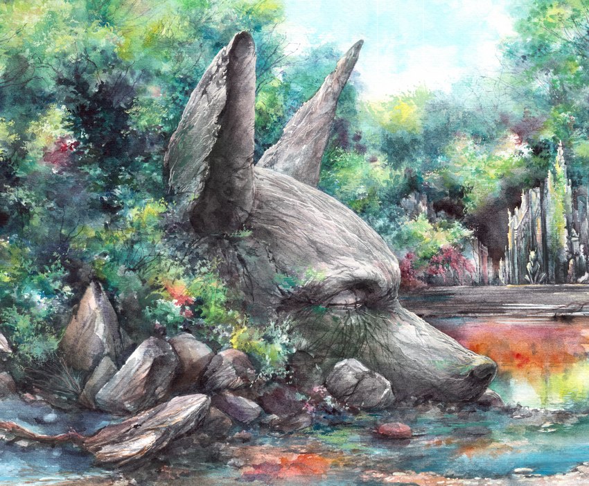 forest lake liana_(plant) plant pond rock ruins sculpture statue tree zero_pictured elkir canid canine fox mammal absurd_res hi_res huge_filesize painting_(artwork) tagme traditional_media_(artwork) watercolor_(artwork)