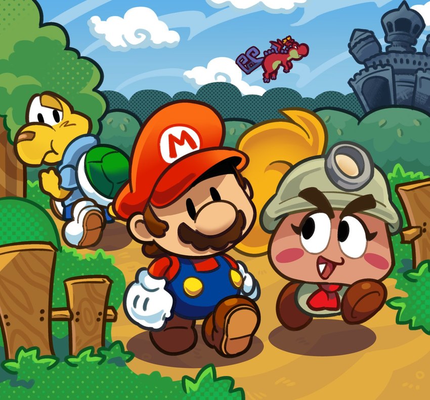 anthro blush castle clothing cloud day female fence footwear gloves grass group handwear hat headgear headwear male open_mouth plant shell tree loveycloud mario_bros mythology nintendo paper_mario paper_mario:_the_thousand_year_door goombella hooktail koops mario dragon goomba human koopa koopa_troopa mammal mythological_creature mythological_scalie reptile scalie turtle hi_res