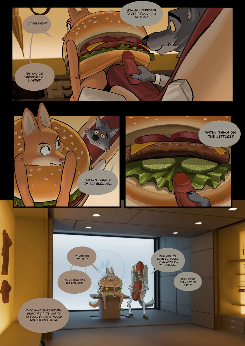 anthro burger burger_costume cheeseburger_costume clothing costume dialogue duo female food food_costume genitals hot_dog hot_dog_costume male male/female meat sausage sausage_costume text wolfinasuit dreamworks the_bad_guys diane_foxington mr._wolf_(the_bad_guys) canid canine canis fox mammal wolf absurd_res comic english_text hi_res