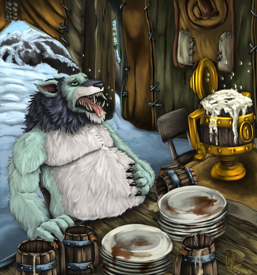 alcohol anthro award beer beer_belly beer_mug belly beverage big_belly burping container cup dishes eating eating_contest eating_food full_stomach fur grey_body grey_fur male mountain mug navel overweight overweight_male shirtless sitting_back snow solo stuffing teeth tongue trophy yenocwolf blizzard_entertainment brewfest_(wow) mythology warcraft sedric_(worgen) canid canine mammal mythological_canine mythological_creature werecanid werecanine werecreature werewolf worgen absurd_res hi_res