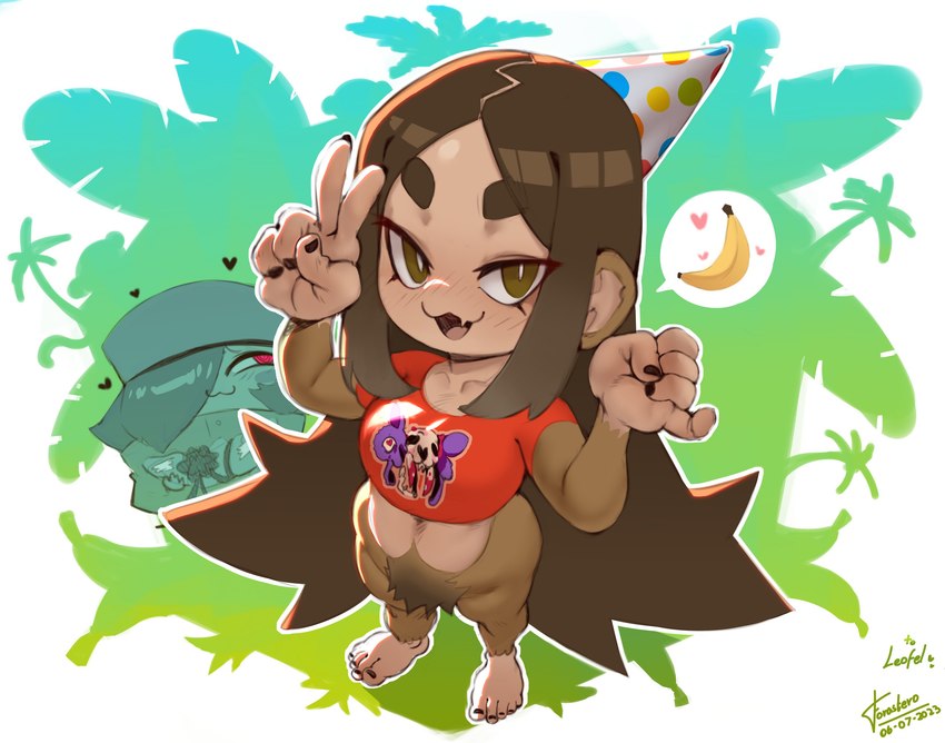 anthro banana bottomless bottomless_anthro bottomless_female brown_body brown_eyes brown_fur brown_hair clothed clothing duo fangs female food forest fruit fur gesture hair hair_over_eye hand_gesture handjob_gesture hat headgear headwear jungle long_hair looking_at_viewer male one_eye_obstructed open_mouth party_hat plant shirt sidelocks smile speech_bubble standing suggestive suggestive_gesture teeth topwear tree v_sign forastero haplorhine human mammal monkey primate 2023 absurd_res character_request digital_media_(artwork) hi_res